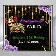 Lofaris Black Gold Masquerade Custom Name Birthday Backdrop