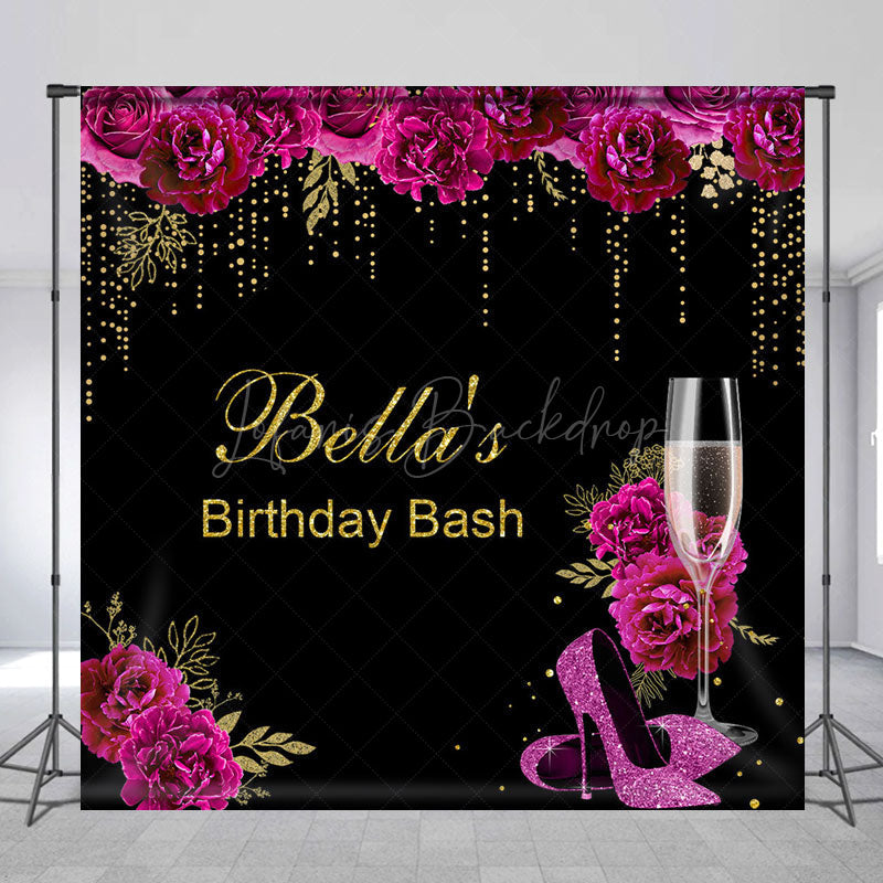 Lofaris Black Gold Purple Rose Custom Name Birthday Backdrop