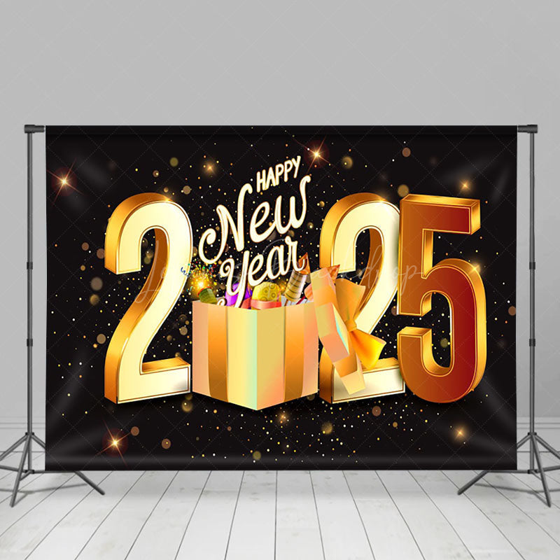 Lofaris Black Gold Sparkle Gift Box 2025 New Year Backdrop