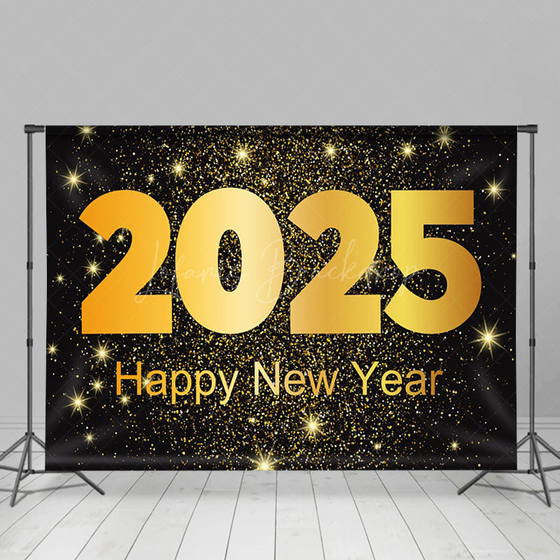 Lofaris Black Gold Star Sparkle 2025 Happy New Year Backdrop