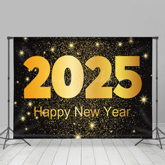 Lofaris Black Gold Star Sparkle 2025 Happy New Year Backdrop