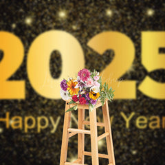 Lofaris Black Gold Star Sparkle 2025 Happy New Year Backdrop