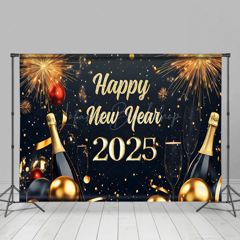 Lofaris Black Gold Wine Bottle Ribbon Happy New Year Backdrop