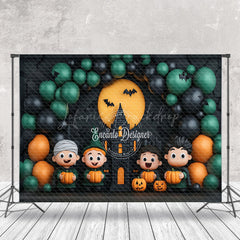 Lofaris Black Green Balloon Castle Pumpkin Halloween Backdrop