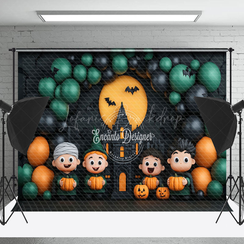 Lofaris Black Green Balloon Castle Pumpkin Halloween Backdrop