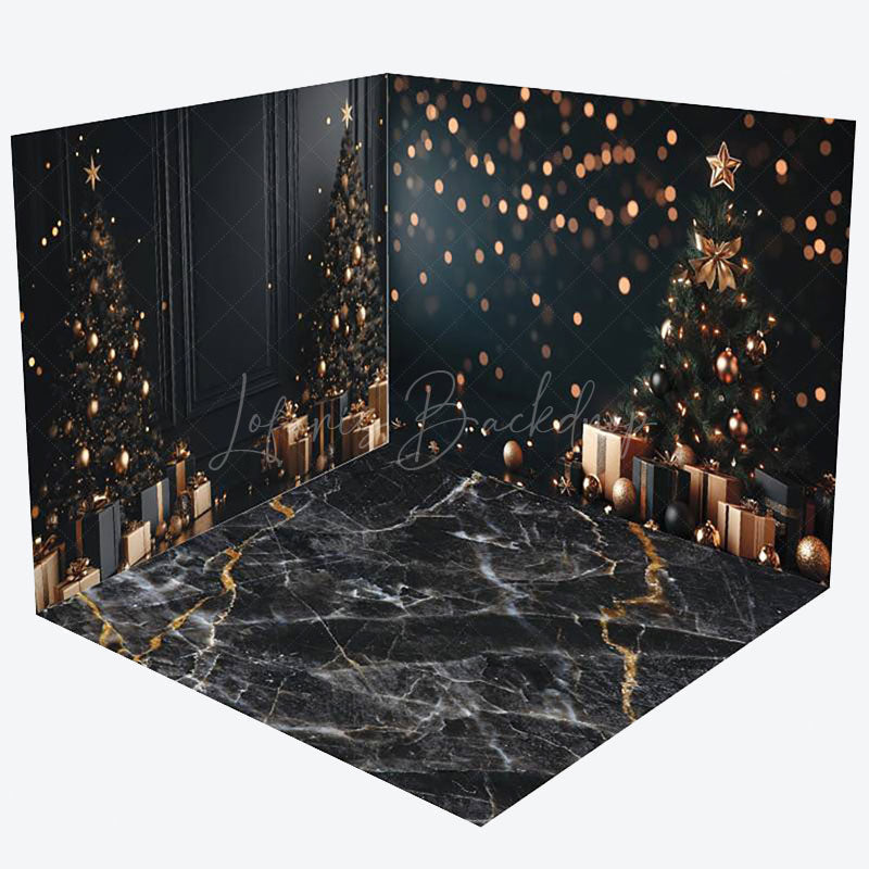 Lofaris Black Marble Floor Bokeh Christmas Room Set Backdrop