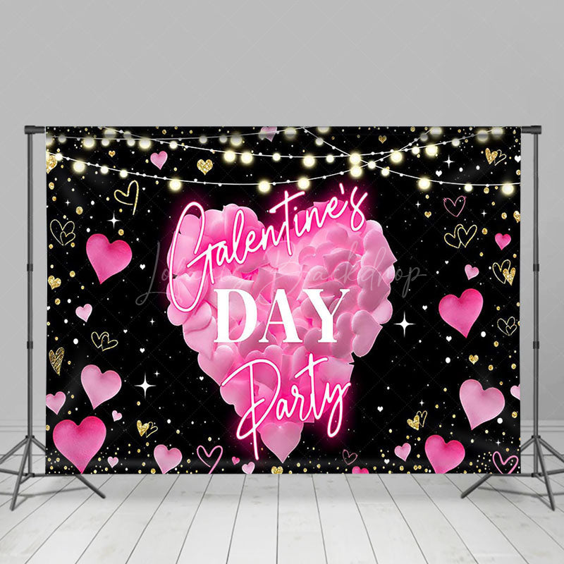 Lofaris Black Pink Heart Light Galentines Day Party Backdrop