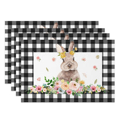 Lofaris Black Plaid Bunny Floral Easter Set Of 4 Placemats