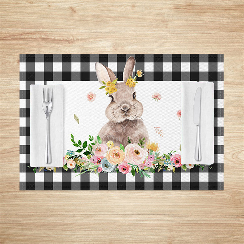 Lofaris Black Plaid Bunny Floral Easter Set Of 4 Placemats