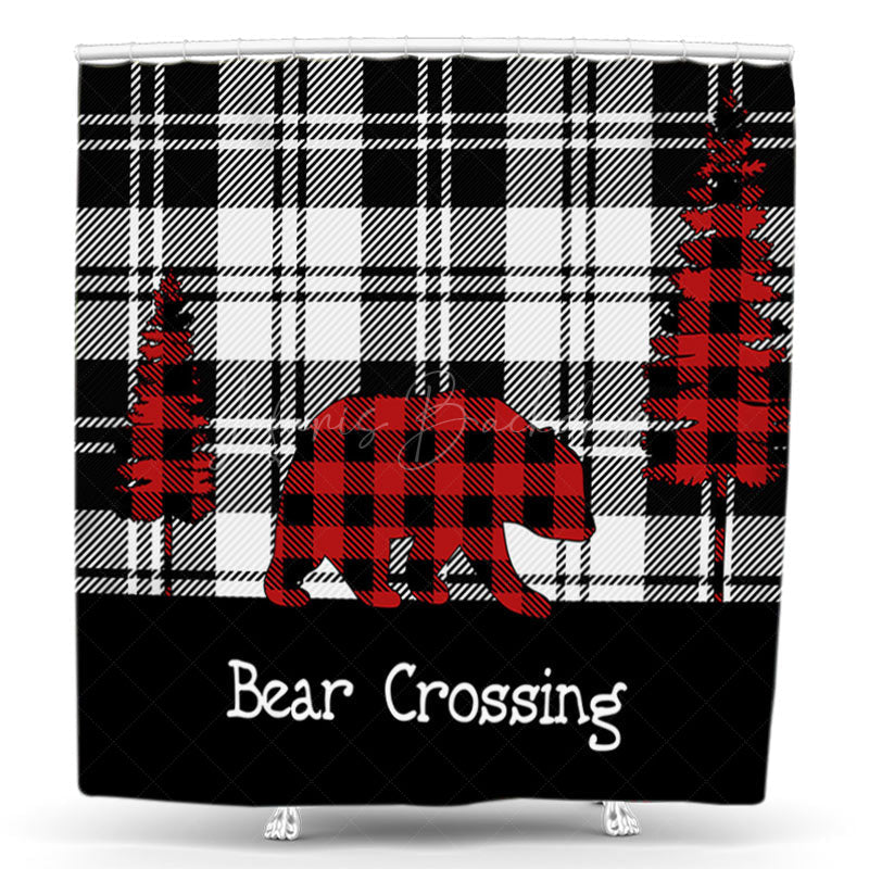 Lofaris Black Plaid Christmas Bear Crossing Shower Curtain