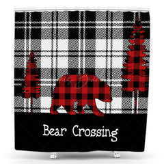 Lofaris Black Plaid Christmas Bear Crossing Shower Curtain