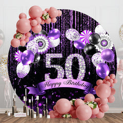 Lofaris Black Purple Glitter Bokeh Round Birthday Backdrop