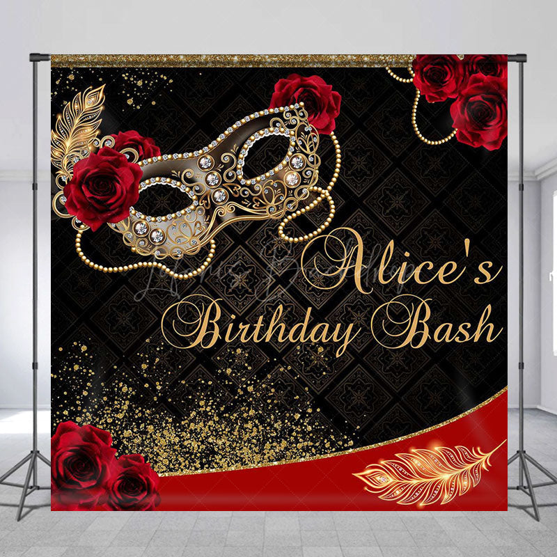 Lofaris Black Red Rose Mask Custom Name Birthday Backdrop