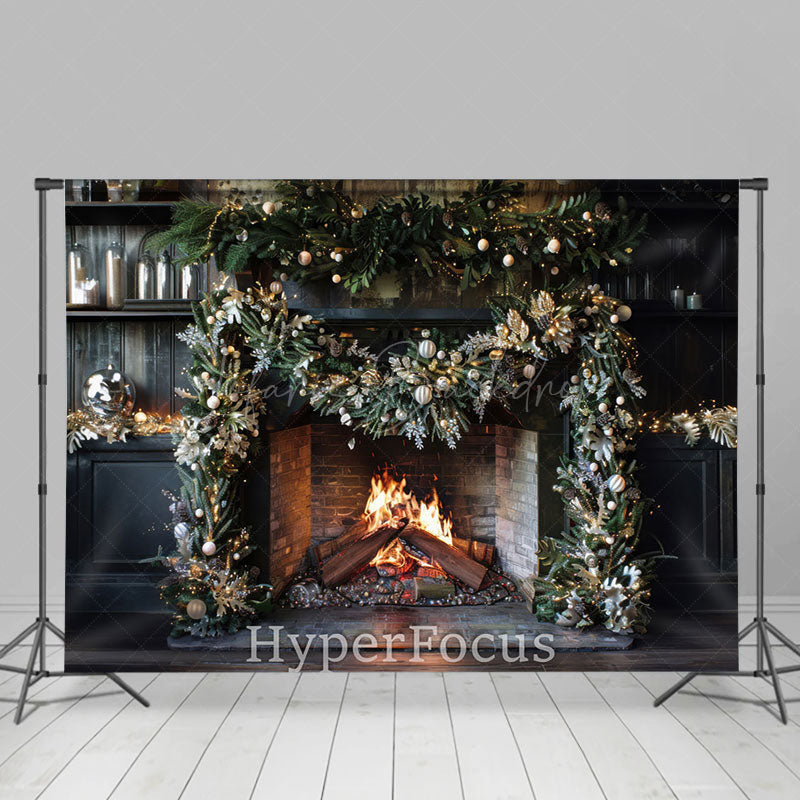 Lofaris Black Retro Fireplace Pine Leaves Christmas Backdrop