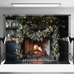 Lofaris Black Retro Fireplace Pine Leaves Christmas Backdrop