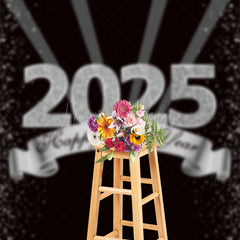 Lofaris Black Silver Glitter 2025 Happy New Year Backdrop