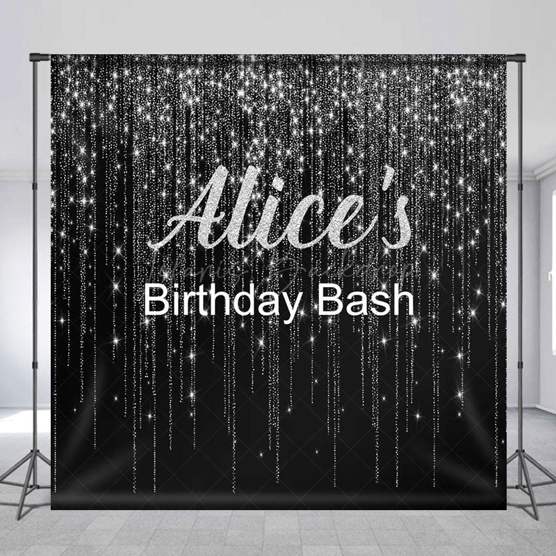 Lofaris Black Silver Glitter Custom Name Birthday Backdrop