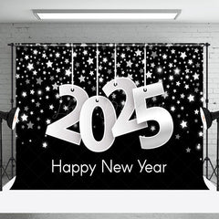 Lofaris Black Silver Stars 2025 Happy New Year Backdrop