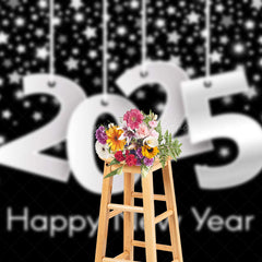 Lofaris Black Silver Stars 2025 Happy New Year Backdrop