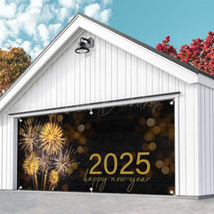 Lofaris Black Sparks Bokeh 2025 New Year Garage Door Banner