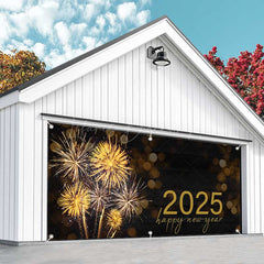 Lofaris Black Sparks Bokeh 2025 New Year Garage Door Banner