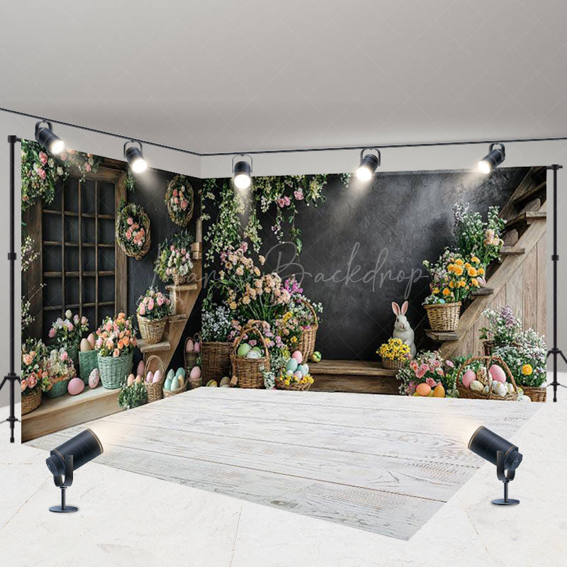 Lofaris Black Wall Floral Bunny Eggs Easter Room Set Backdrop