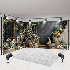 Lofaris Black Wall Floral Bunny Eggs Easter Room Set Backdrop