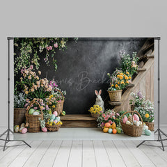 Lofaris Black Wall Floral Bunny Eggs Easter Room Set Backdrop