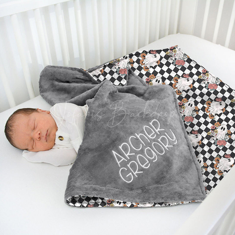 Lofaris Black White Checkered Plaid Boo Minky Baby Blanket