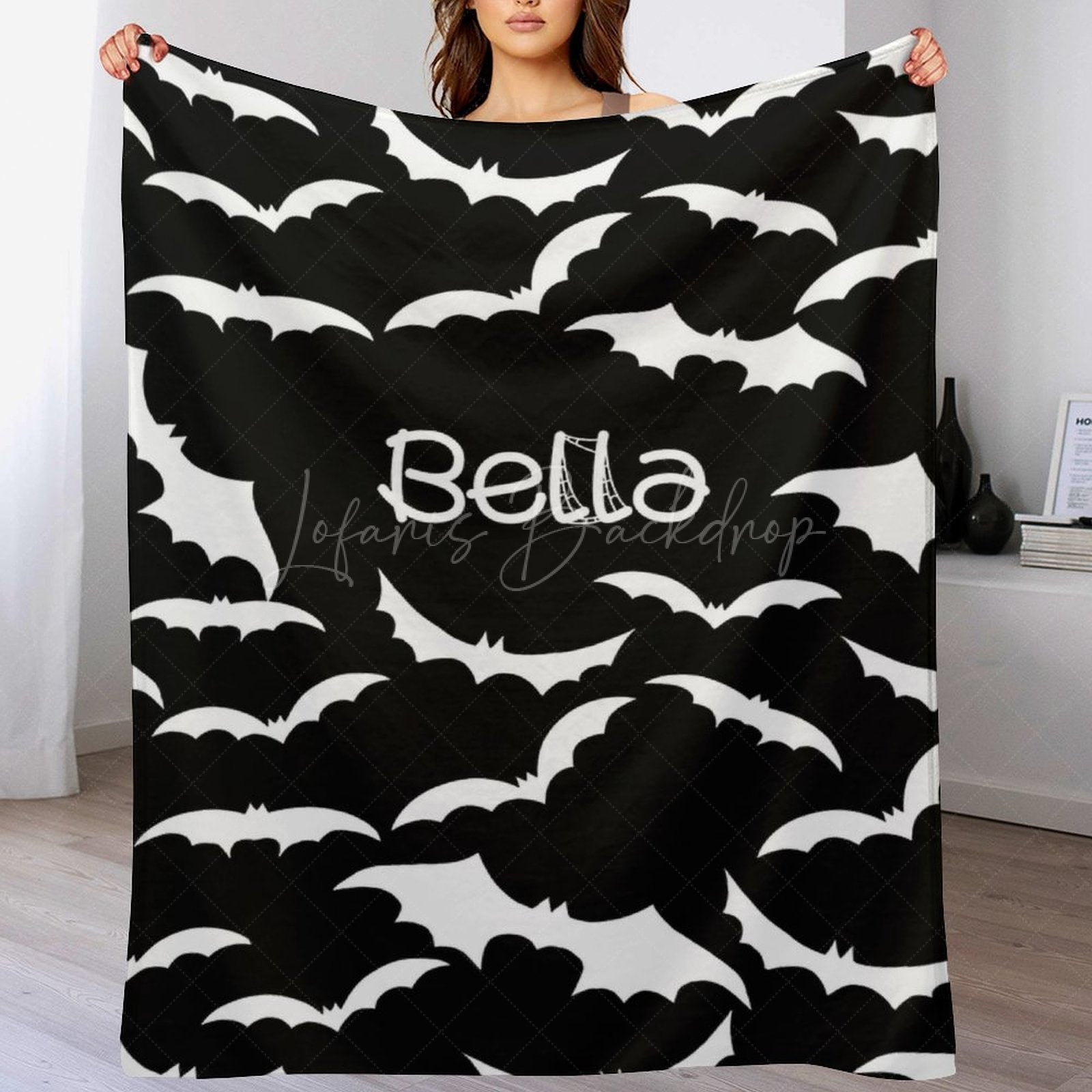 Lofaris Black White Halloween Bat Personalized Name Blanket