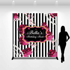 Lofaris Black White Stripe Floral Custom Birthday Backdrop