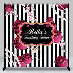 Lofaris Black White Stripe Floral Custom Birthday Backdrop