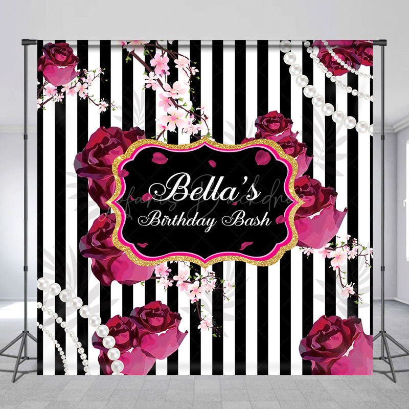 Lofaris Black White Stripe Floral Custom Birthday Backdrop