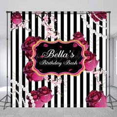 Lofaris Black White Stripe Floral Custom Birthday Backdrop