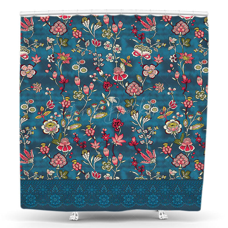 Lofaris Blue Abstract Pattern Pink Floral Shower Curtain