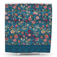 Lofaris Blue Abstract Pattern Pink Floral Shower Curtain