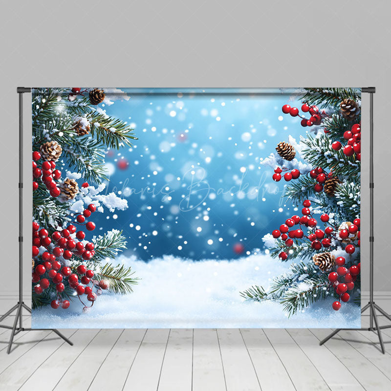 Lofaris Blue Bokeh Snow Cherry Pine Leaves Christmas Backdrop