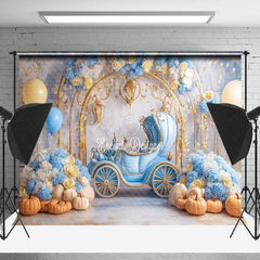 Lofaris Blue Carriage Floral Pumpkins Cake Smash Backdrop