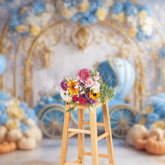 Lofaris Blue Carriage Floral Pumpkins Cake Smash Backdrop