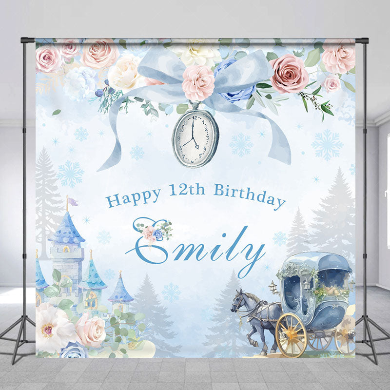 Lofaris Blue Castle Floral Custom Name 12th Birthday Backdrop