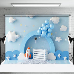 Lofaris Blue Cloud Sky Balloons Rocket Cake Smash Backdrop