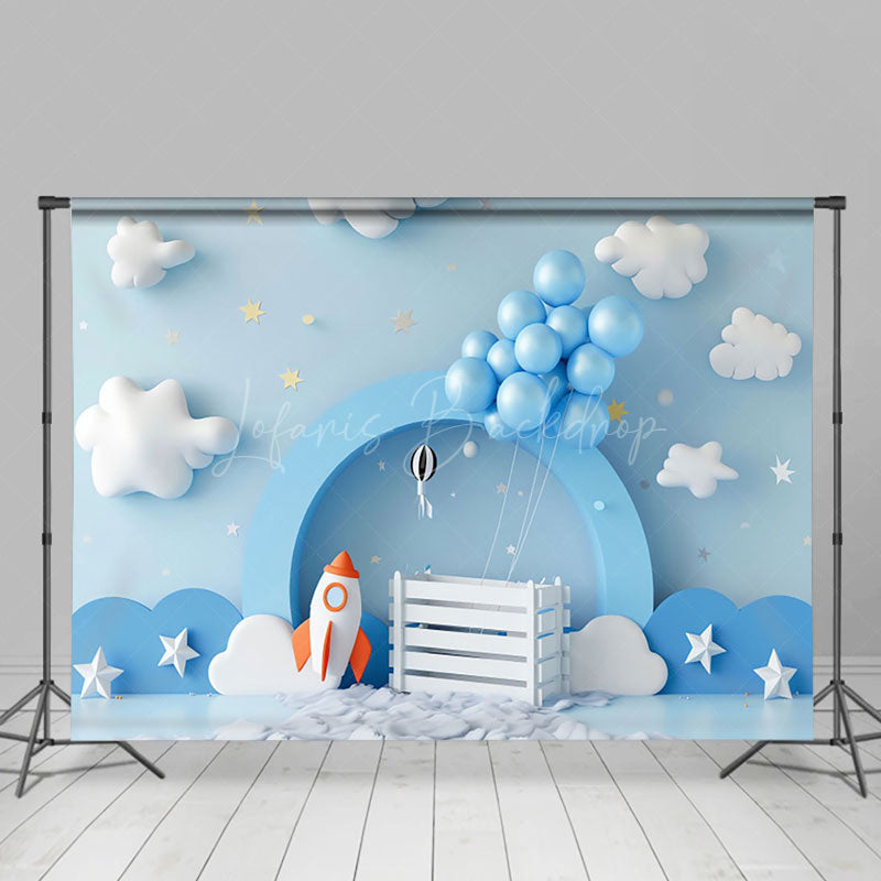 Lofaris Blue Cloud Sky Balloons Rocket Cake Smash Backdrop