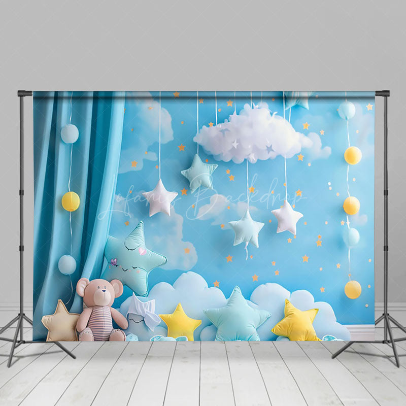 Lofaris Blue Cloud Sky Curtain Bear Star Cake Smash Backdrop