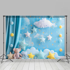 Lofaris Blue Cloud Sky Curtain Bear Star Cake Smash Backdrop