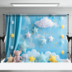 Lofaris Blue Cloud Sky Curtain Bear Star Cake Smash Backdrop