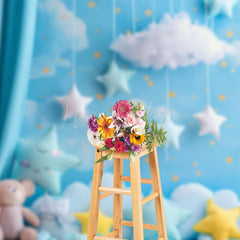 Lofaris Blue Cloud Sky Curtain Bear Star Cake Smash Backdrop