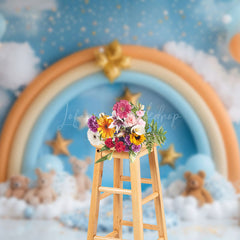 Lofaris Blue Cloud Wall Rainbow Arch Bear Cake Smash Backdrop