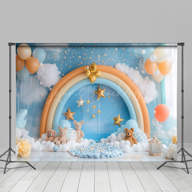 Lofaris Blue Cloud Wall Rainbow Arch Bear Cake Smash Backdrop