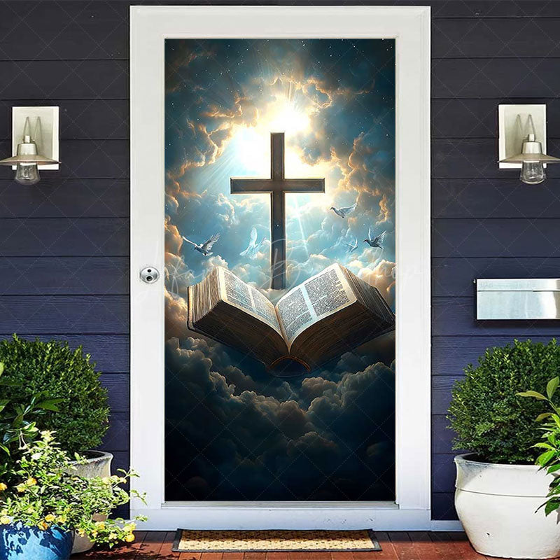 Lofaris Blue Clouds Sunlight Cross Bible Easter Door Cover