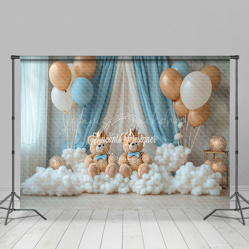 Lofaris Blue Curtain Balloons Bears Cake Smash Backdrop